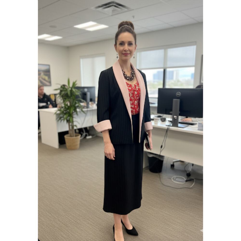 Leslie Fay Skirt Suit Women 16 Black Pink Excellent Pinstripe Midi Open Front